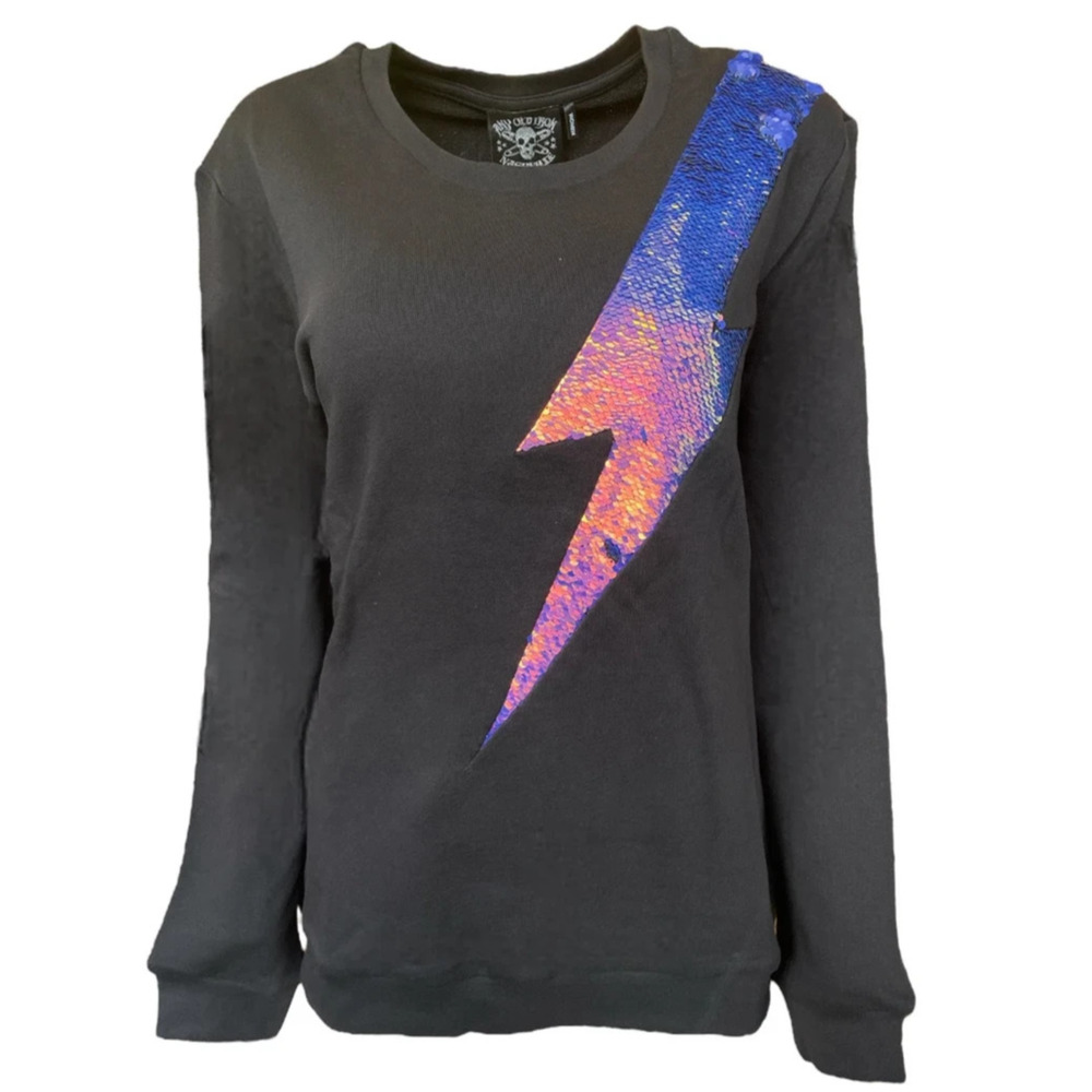 Any Old Iron “Oil Slick” Reversible Sequin Lightning Sweatshirt, Black Women XS